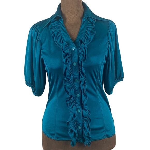 Cecil McBee Tops - Cecil McBee Teal Ruffled V Neck Buttoned Blouse Small